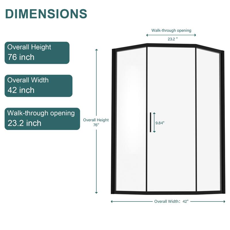 42" W x 76" H Framed Diamond-shaped Corner Shower Door in Matte Black - 42'' x 0.32'' x 76''
