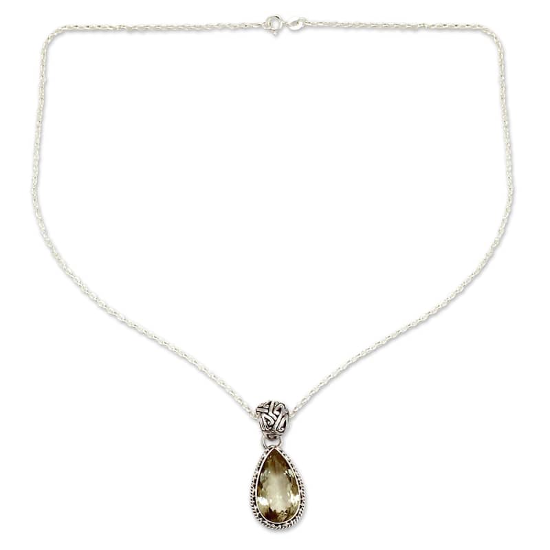Handmade Verdant Mist 18 Carat Green Teardrop Prasiolite Quartz Set in 925 Sterling Silver Ornate Bail Pendant Necklace (India)
