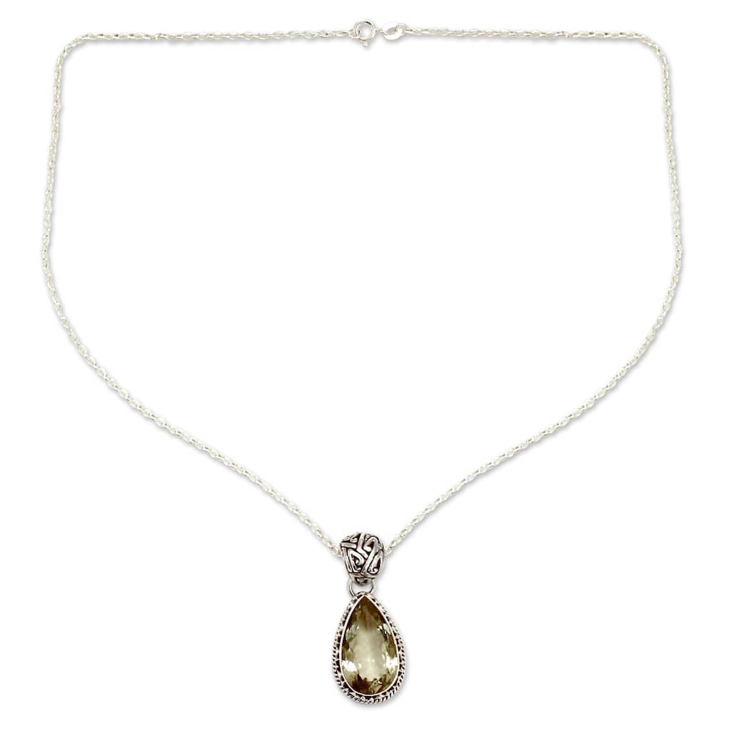 Handmade Verdant Mist 18 Carat Green Teardrop Prasiolite Quartz Set in 925 Sterling Silver Ornate Bail Pendant Necklace (India)