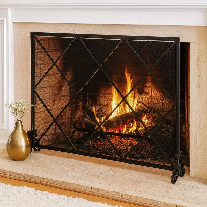Fireplace Screen, Classic Diamond Shape with Mesh, 41x32 Black Finish