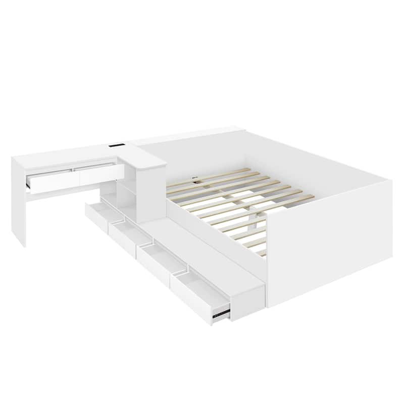 Full Wood Platform Bed - 6 Drawers, Shelves & Dressing Table, Space-Saving Design