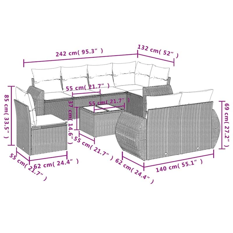 vidaXL 8 Piece Patio Sofa Set with Cushions Grey Poly Rattan - 24.4" x 24.4" x 27.2"