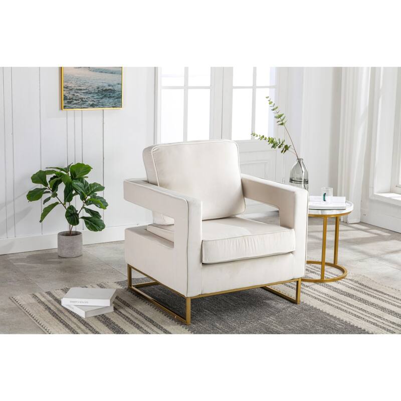 Upholstered Velvet Armchair with Squared Edges - 35.5" - Cream