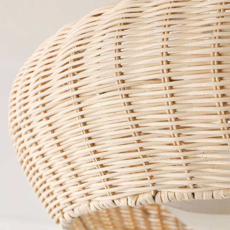 20-inch Boho Distressed White Chandelier Flush Mount Ceiling Fan with Remote and Hand-Woven Rattan Shade - 19.7" W x 7.08" H