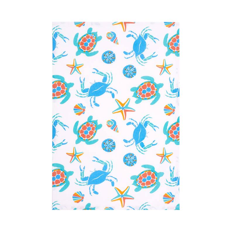 Caraway Coral Kitchen Towel Blue Seaturtle Crab & Starfish Print