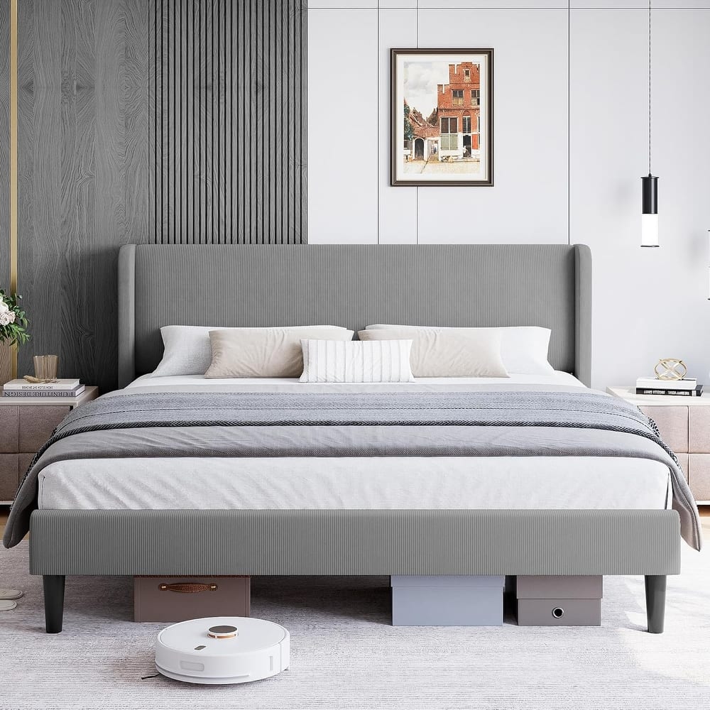 Platform Bed Frame with Upholstered Wingback Headboard