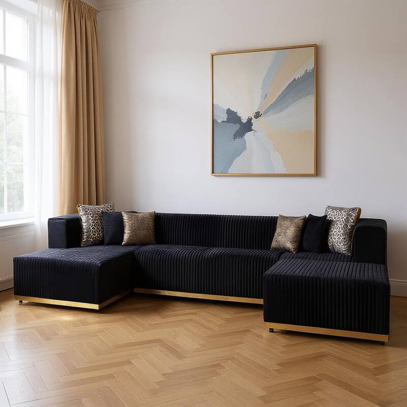 HomeRoots Black Velvet Modular U Shaped Four Piece Sofa and Chaise Sectional With Toss Pillows - Symmetrical
