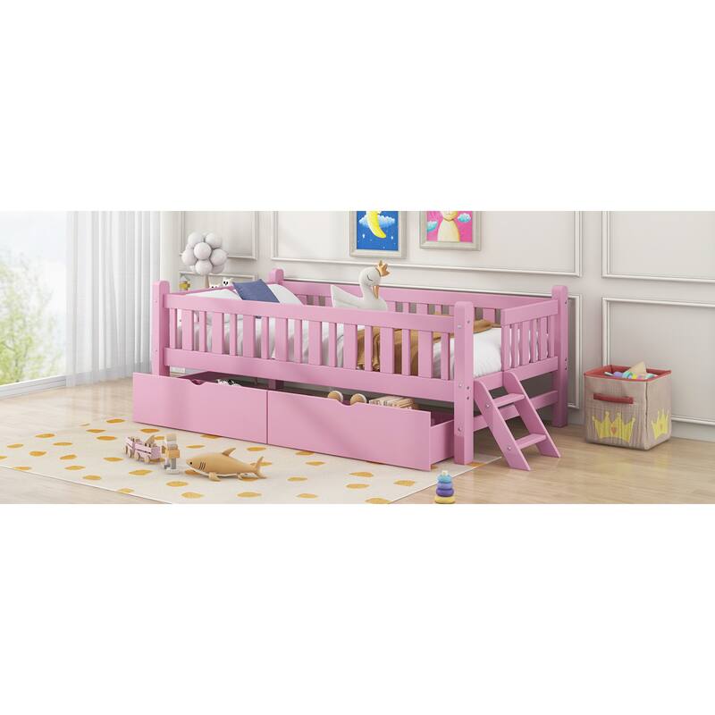 Roomfitters Twin Wood Platform Bed with Guardrail and 2 Storage Drawers