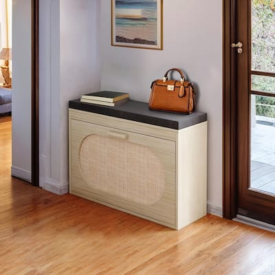 Wooden Shoe Cabinet with Flip-Drawer and Seat Cushion