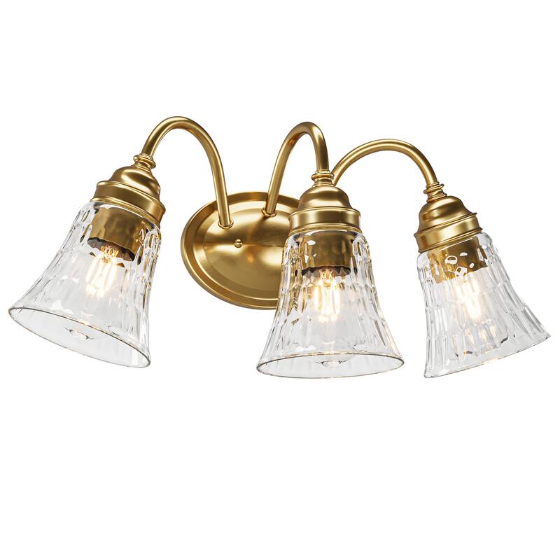 Gold 3-Light Vanity Light, 19.3" Wide, Crystal Flower Glass Shades, Bathroom Mirror