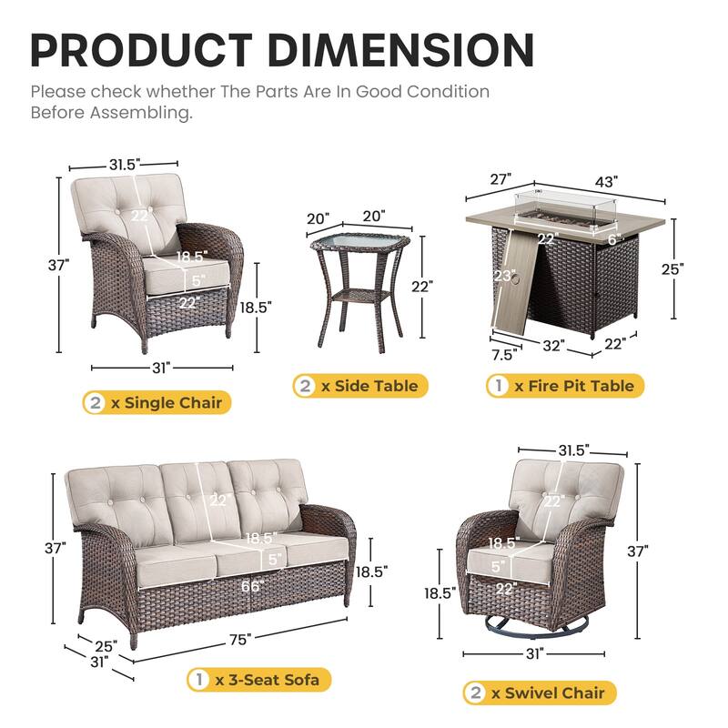 Gymojoy Outdoor Wicker Patio Furniture Sofa Set with 55,000 BTU Fire Pit Table, Swivel Chairs & Thick Cushions