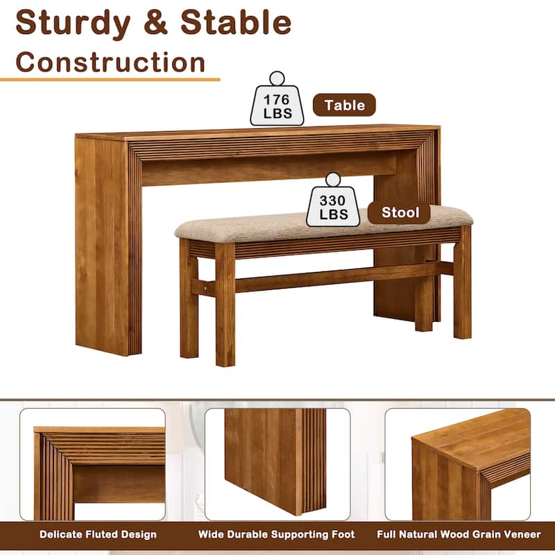 Fluted Counter Height Bar Table Set for Two with Upholstered Bar Stool and Solid Wood Legs
