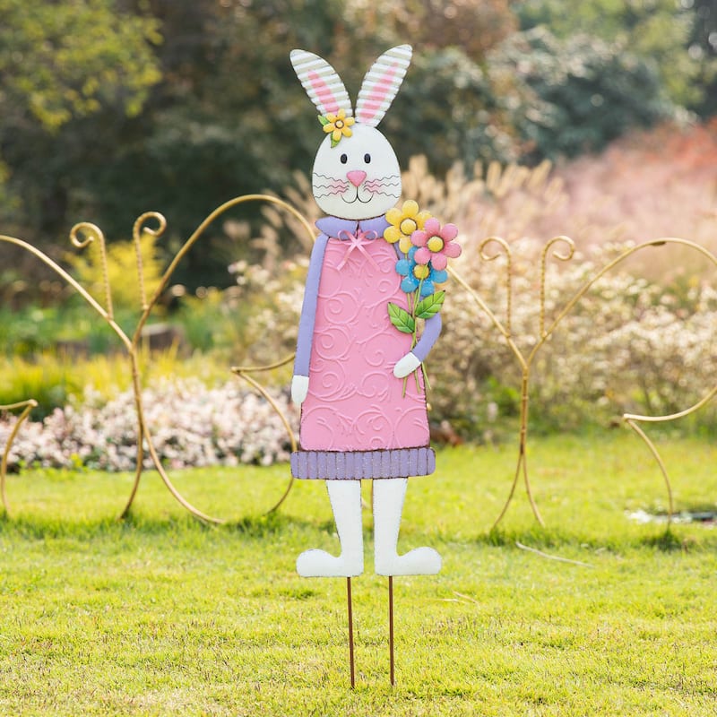 Glitzhome 36"H Metal Easter Bunny Girl Yard Stakes Porch Sign Wall Decor - Girl