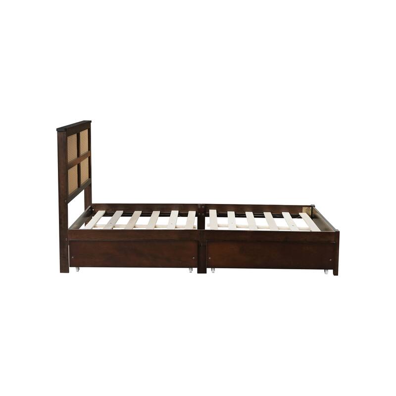 Full Platform Bed with Rattan Headboard & 2 Storage Drawers