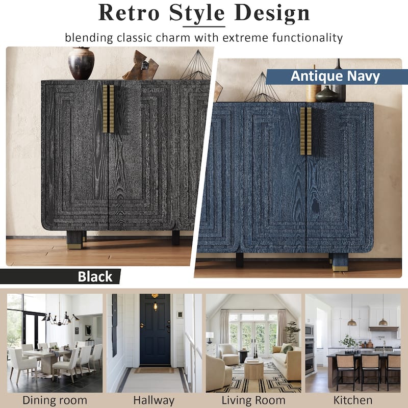 54" Retro Buffet Cabinet with Storage, 4-Door Vintage Fluted Sideboard Cabinet with Adjustable Shelves