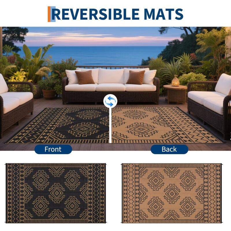 Outdoor Rug Waterproof Boho Geometric Patio Rug Mat Reversible Plastic Straw Rug Outside Outdoor Area Rug