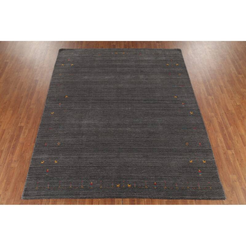 Gray Striped Gabbeh Indian Area Rug Handmade Wool Carpet - 7'10"x 9'7"