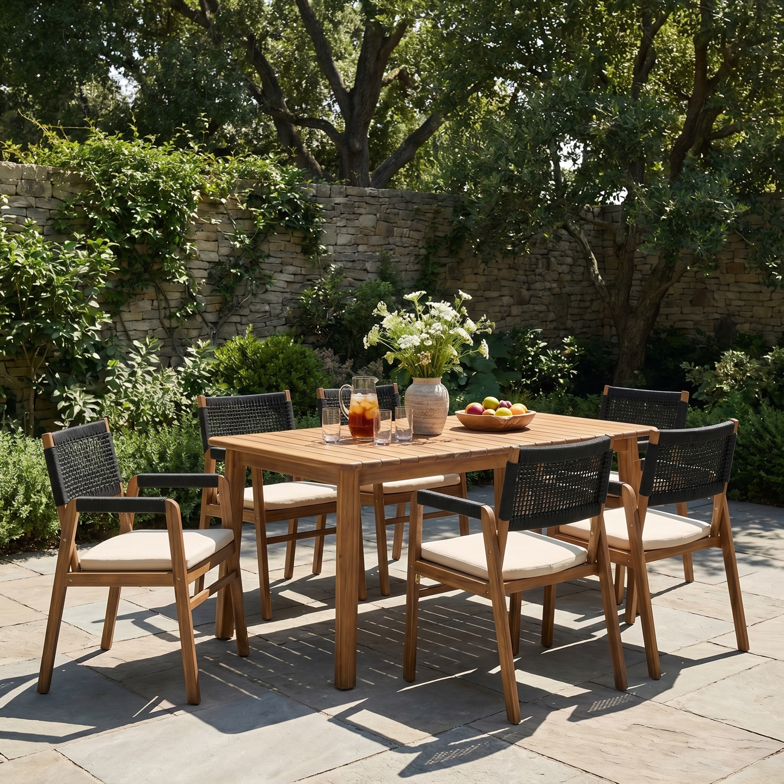 Christopher Knight Home - Niall 7-Piece Outdoor Dining Set, Expandable Acacia Wood Slatted Table & Rope Back Cushioned Armchairs