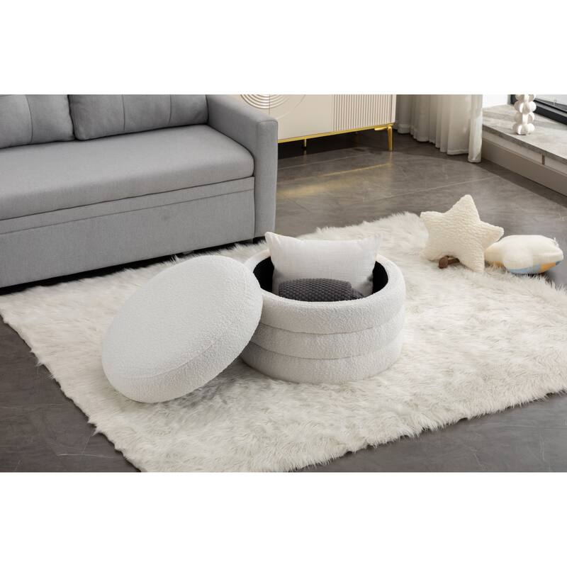 Boucle Fabric Storage Round Ottoman Footstool With Wooden Shelving
