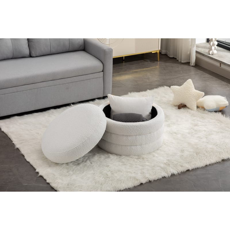 Round Storage Ottoman Footstool, Boucle Fabric Upholstered Vanity Stool, Small Ottomans Table with Removable Lid