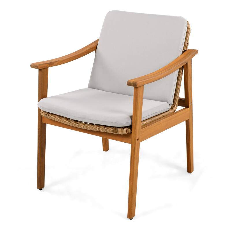 Teak Acacia Wood Outdoor Dining Chairs Set of 2 - PE Wicker & Waterproof Cushions - All-Weather Patio, Deck, Backyard Furniture