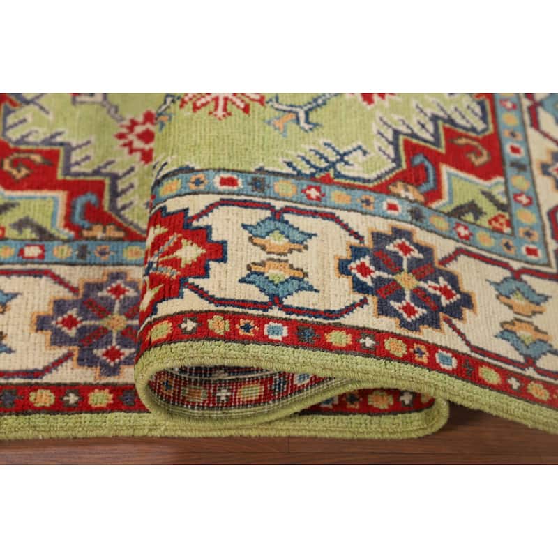 Pistachio Green Geometric Kazak Accent Rug Handmade Wool Carpet - 3'3" x 4'11"