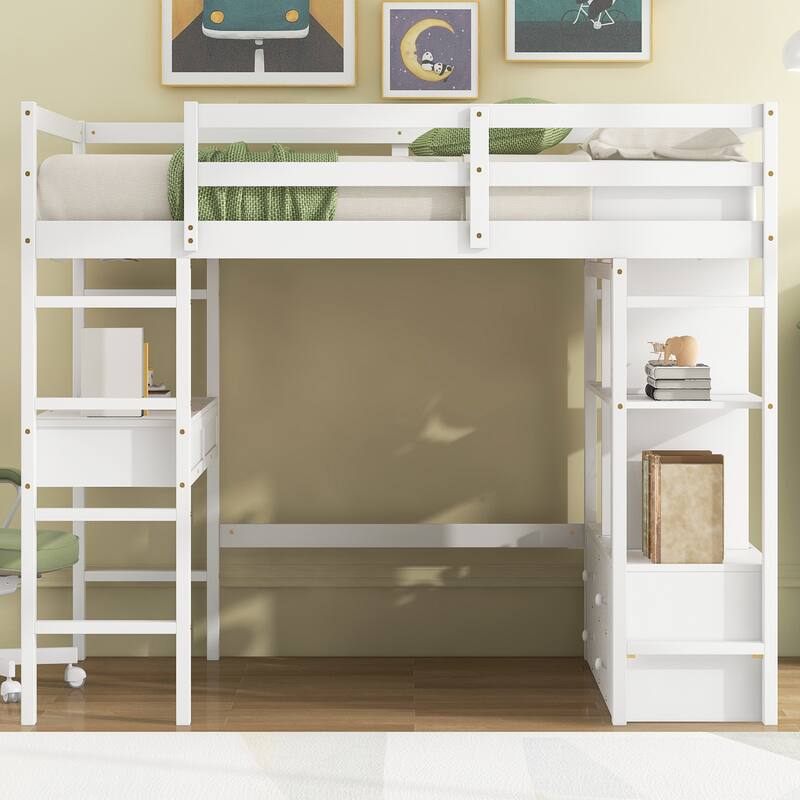 White Full Size Pine Wood Loft Bed with Built-in Desk, Drawers, and Storage