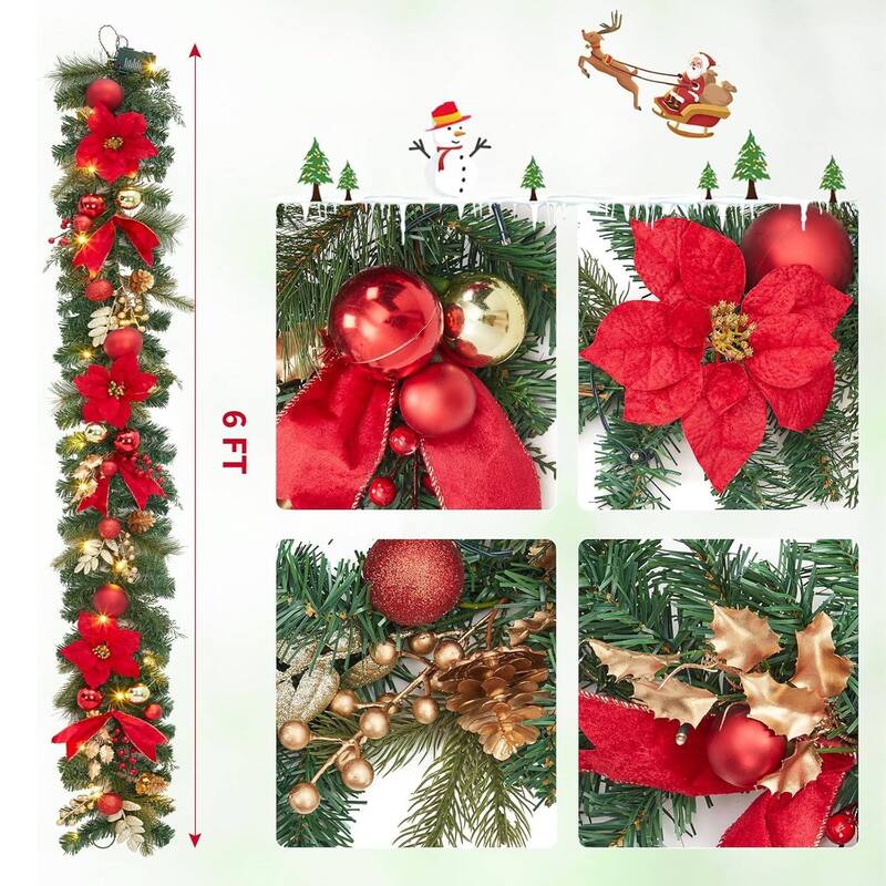 6FT Pre-Lit Christmas Battery Operated Xmas Garland, Red+Silver - N/A
