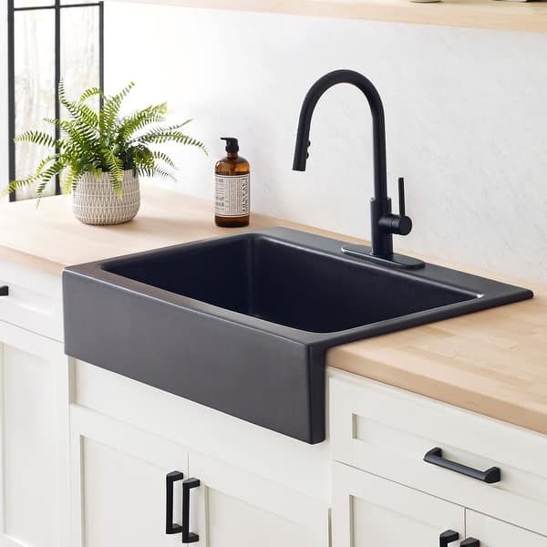 slide 2 of 13, Parker Matte Black Fireclay 34″ Single Bowl Quick-Fit Farmhouse Apron Front Drop-in Kitchen Sink and Drain
