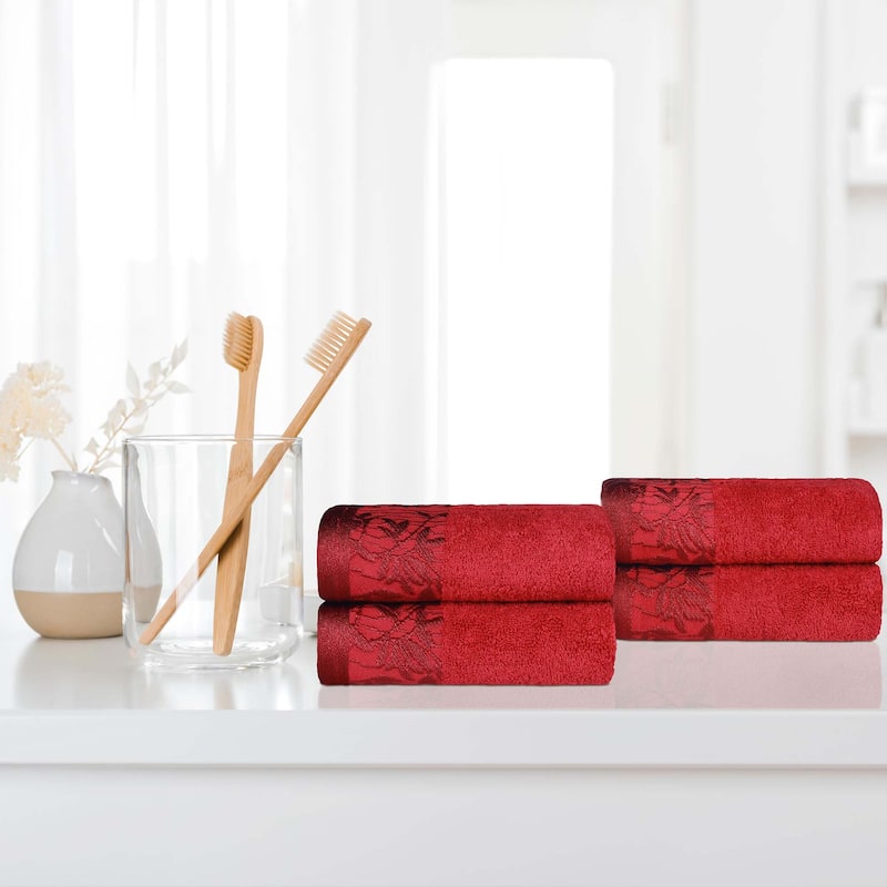 Superior Wisteria Cotton Floral Jacquard Border Hand Towels, Set of 4 - Garnet