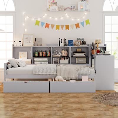 Full Size Daybed with Storage 3 Cabinets and 2 Drawers, Wooden L-Shape Daybed Frame with Study Desk and Built-in Bookshelf