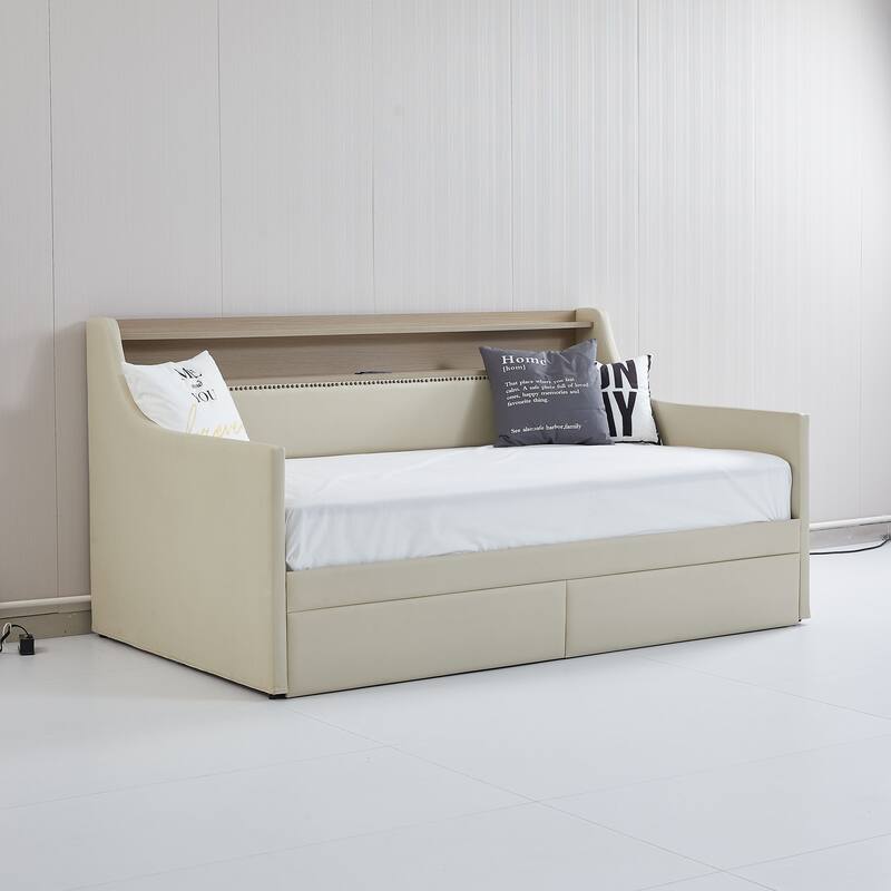 Roomfitters Upholstered Twin Daybed with Storage Drawers, Built-in Charging Station & Lighting Headboard