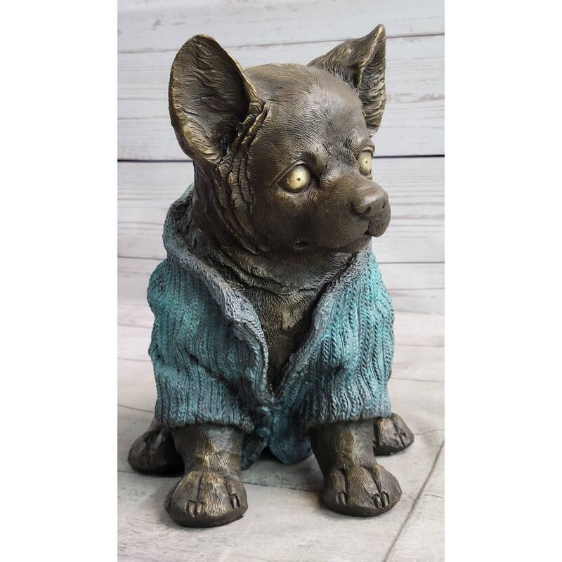 Chihuahua Puppy Dog Wearing Blue Sweater Bronze Metal Figurine Sculpture Decor