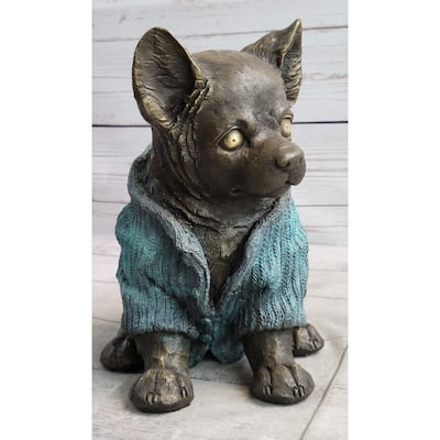 Chihuahua Puppy Dog Wearing Blue Sweater Bronze Metal Figurine Sculpture Decor
