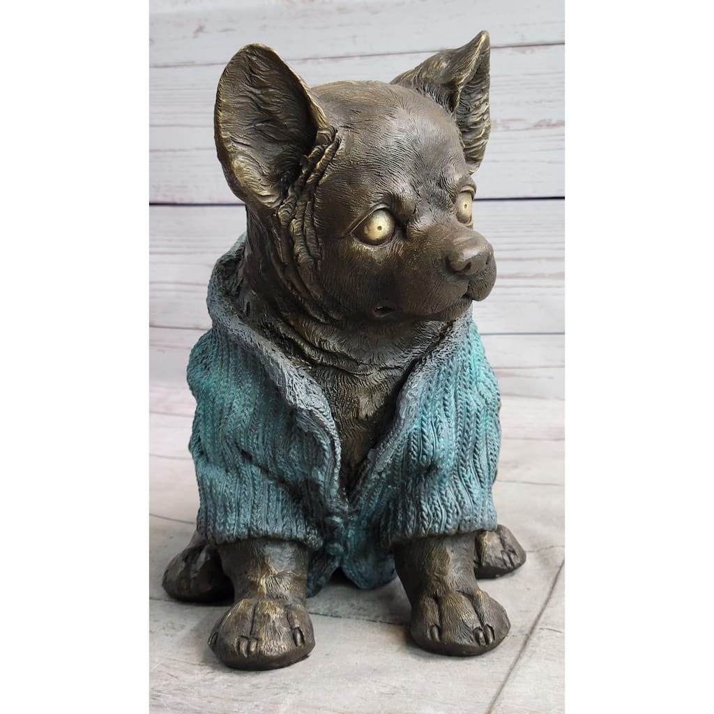 Chihuahua Puppy Dog Wearing Blue Sweater Bronze Metal Figurine Sculpture Decor