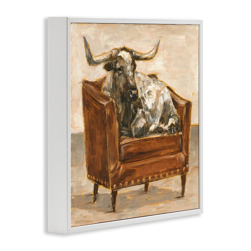 Stupell Brown Bull Resting in Orange Brown Chair Painting Framed Wall Art
