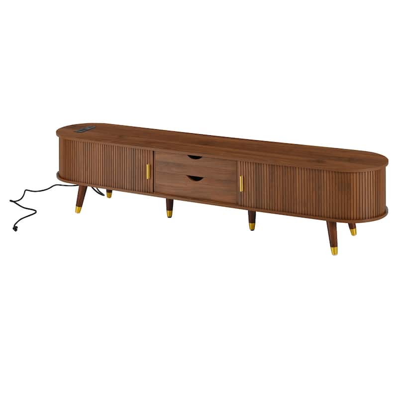 Farmhouse TV Cabinet with Golden Handle,Charging Station and Sliding Tambour Door