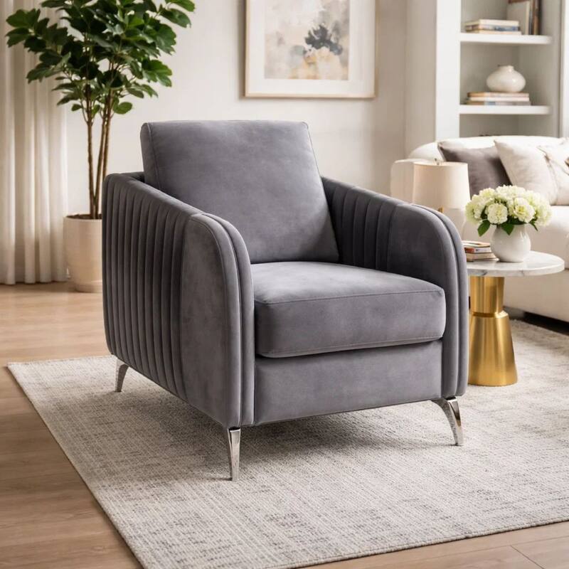 Leah 32 Inch Modern Accent Armchair, Vertical Quilted Design, Gray Velvet