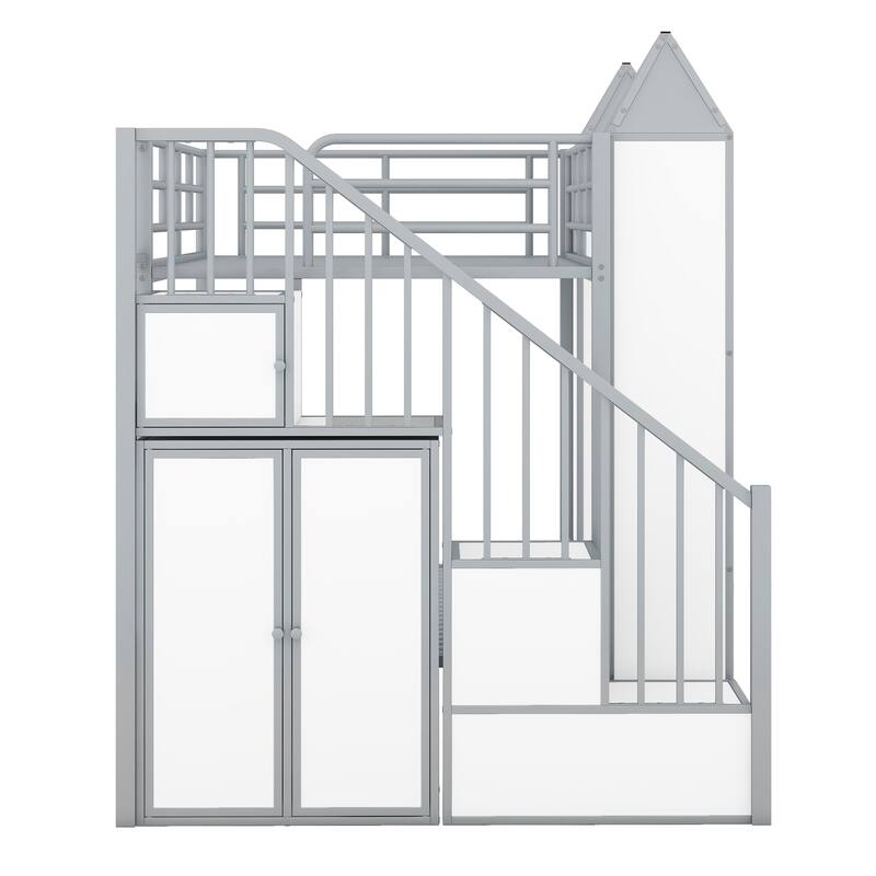 Twin Metal Castle Bunk Bed with Wardrobe, Staircase, and Cabinets