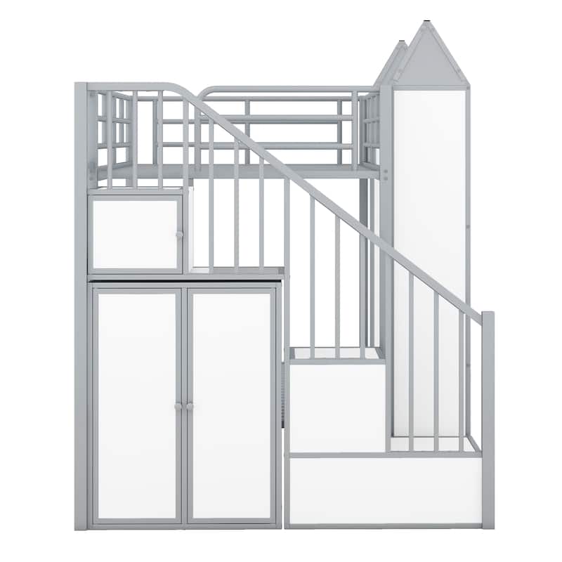 Twin Over Twin Size Bunk Bed w/Storage Shelves,Wardrobe,Metal Bedframe