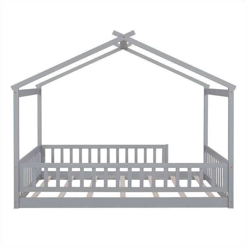 Full Size Wood Bed House Bed Frame with Fence