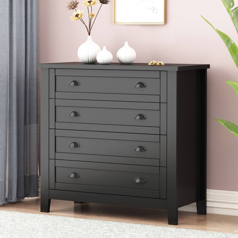 Modern Black Storage Solid Wood Retro Shell Handle Side Cabinet