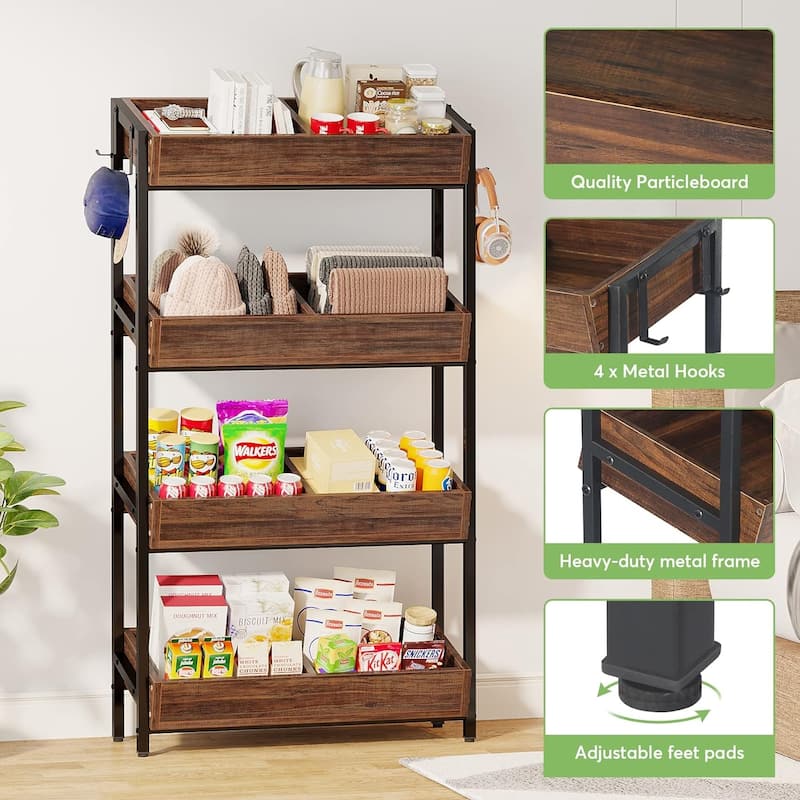 30Inches 4-Tier Retail Display Rack with Hooks,Tall Metal Snack Stand with Shelves,Chip & Concession Organizer-Heavy-Duty Frame