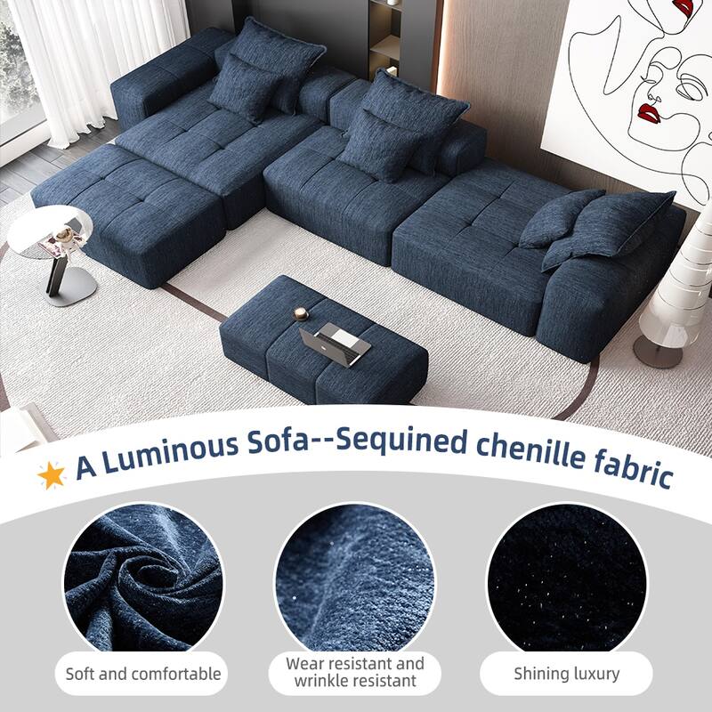 Modern Oversized Chenille Modular Sectional Sofa Tufted Sofa with 6 Pillows and Ottoman for Living Room