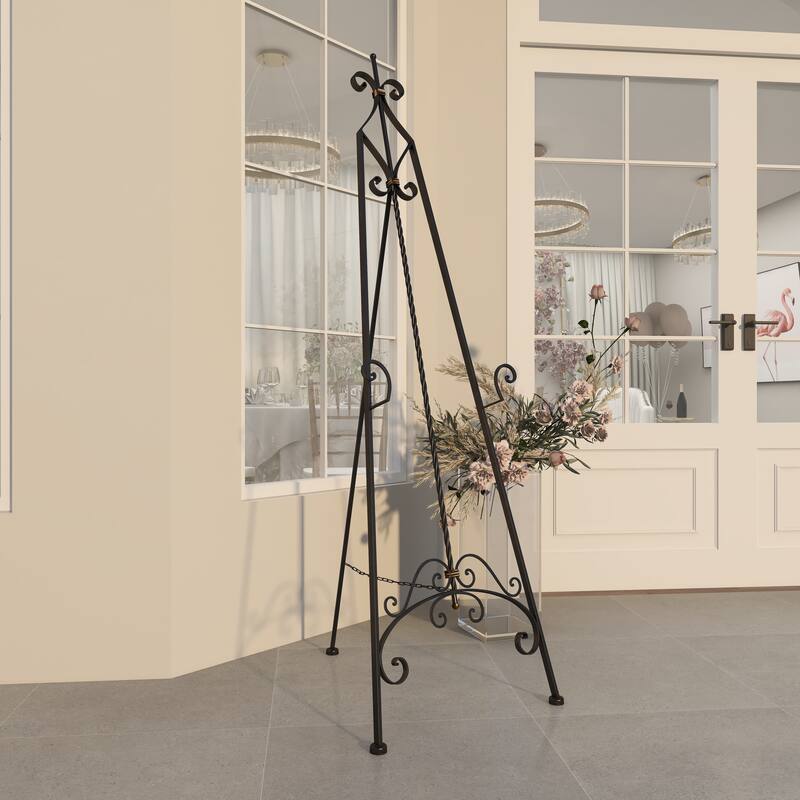 Black Metal Tall Adjustable Scroll Display Easel with Gold Accents