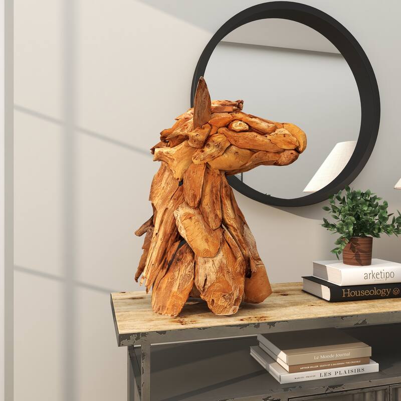 Brown Teak Wood Handmade Head Horse Decorative Sculpture with Layered Woodchip Pieces