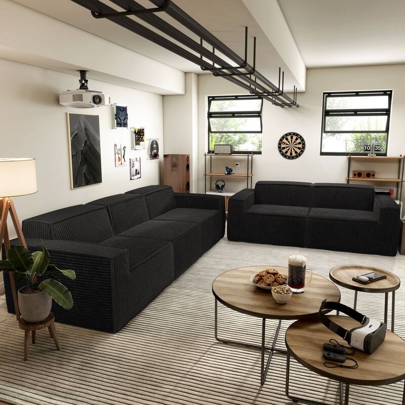 Furniture of America Navir Modern 5-Piece Chenille Foam Modular Sofa and Loveseat Set - Black with Arms