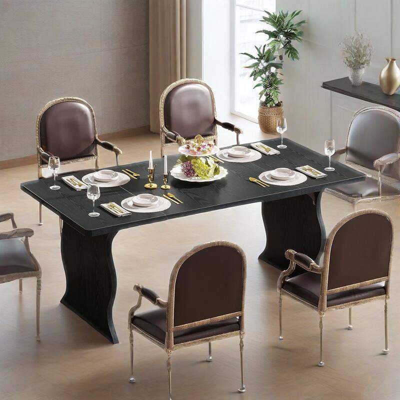 Modern Black Rectangular Dining Table 63 Inch MDF Scratch Resistant for 4 to 6 People with Adjustable Feet - Black