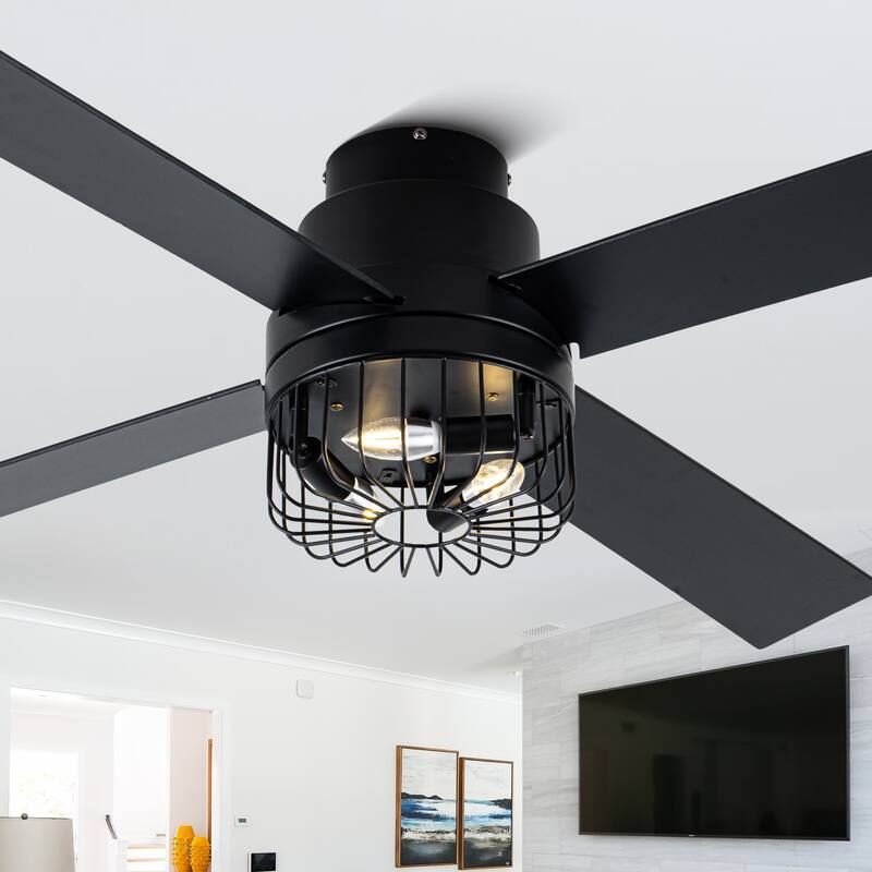 CurveCurio 52'' Modern Black Industrial Ceiling Fan Flush Mount w Remote Control, 4 Wooden Blades w Caged Lights for Living Room - 13" * 52" *52" - Matte Black  - Hardwired/Remote