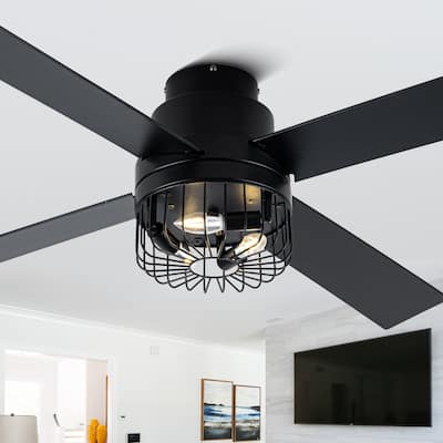 CurveCurio 52'' Modern Black Industrial Ceiling Fan Flush Mount w Remote Control, 4 Wooden Blades w Caged Lights for Living Room